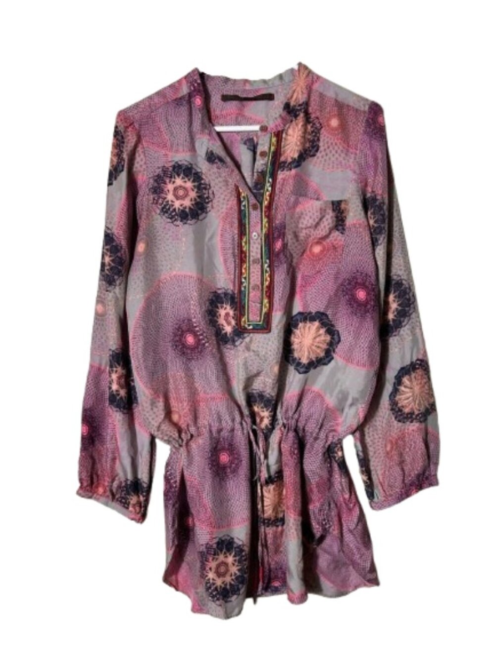 Vintage anthropologie a common thread pink 100% silk tunic top M/L embroidered